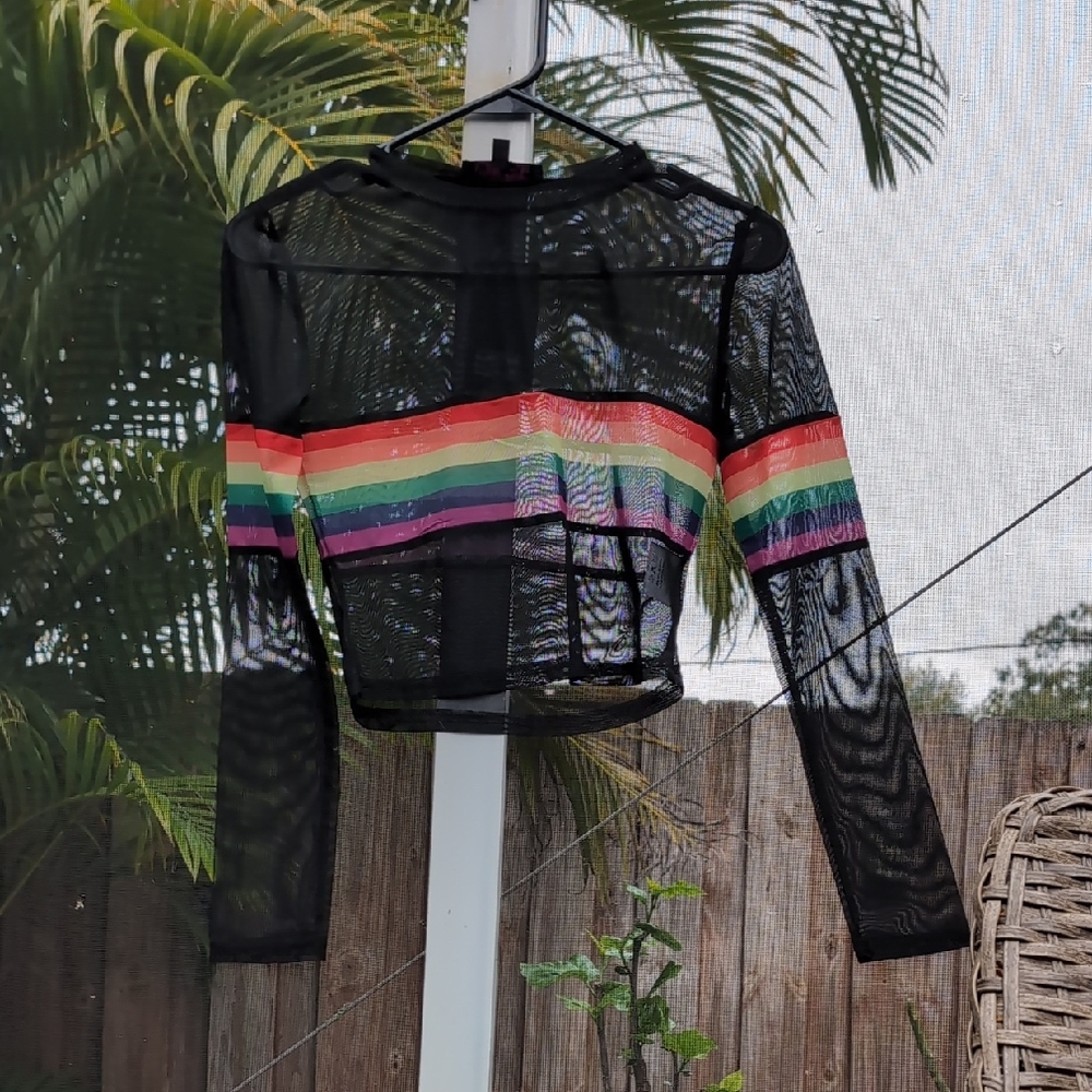 Black Mesh Crop Top with Rainbow Stripes